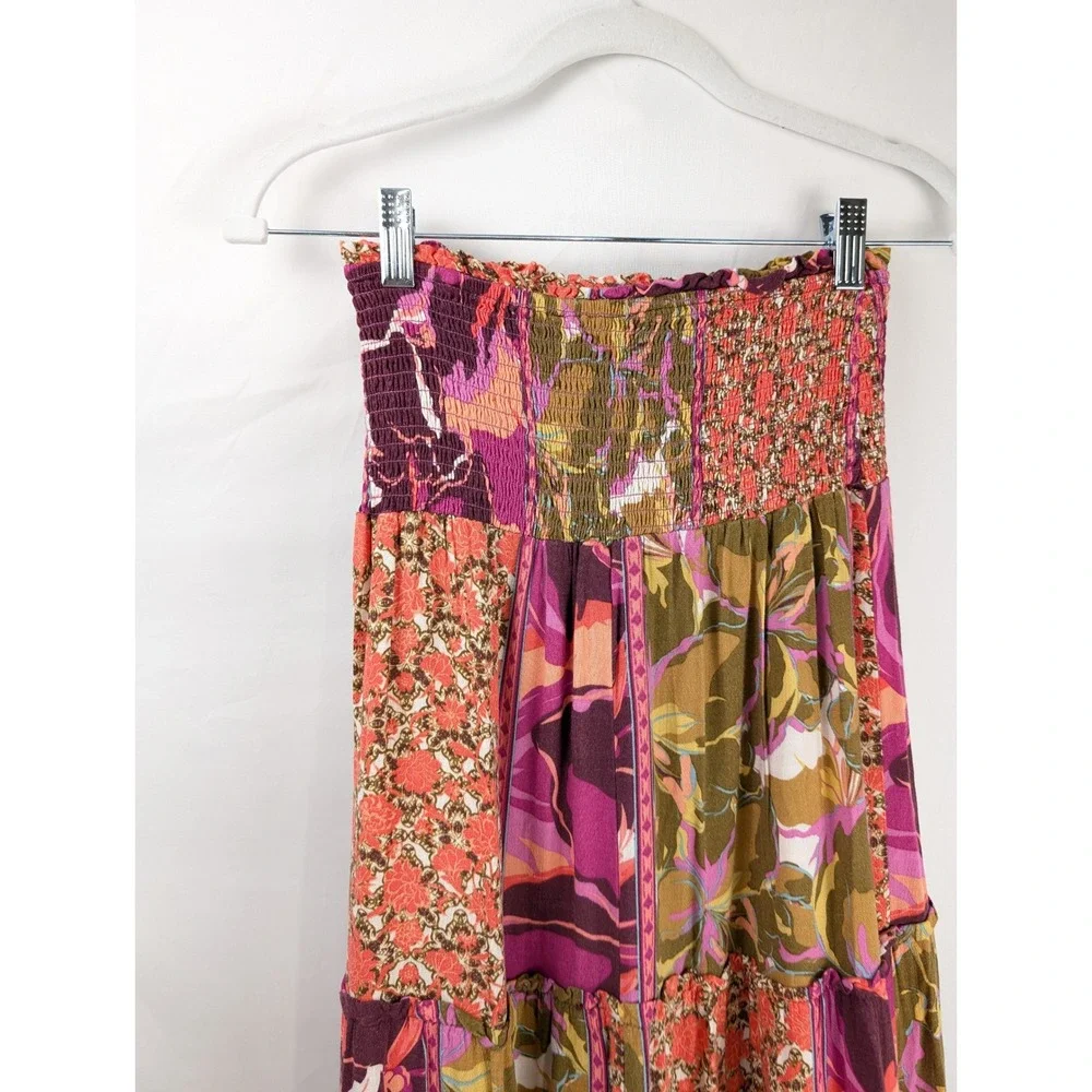 Floral Patchwork Smocked Maxi Skirt Purple Pink Cottagecore Priaire Hippie Boho
